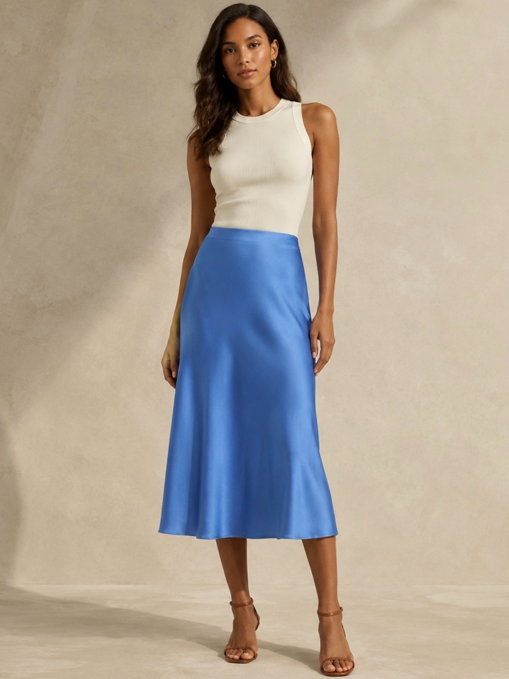 NWT Lauren Ralph Lauren Satin Blue Charmeuse Midi Skirt Size 4 - Picture 1 of 6